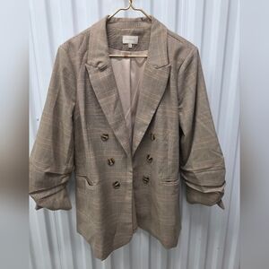 Double-Breasted Plaid Blazer Jacket - Beige/Brown
